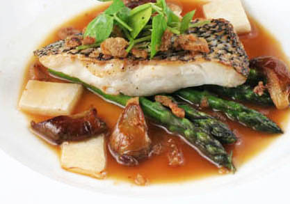 seared black bass with duck broth