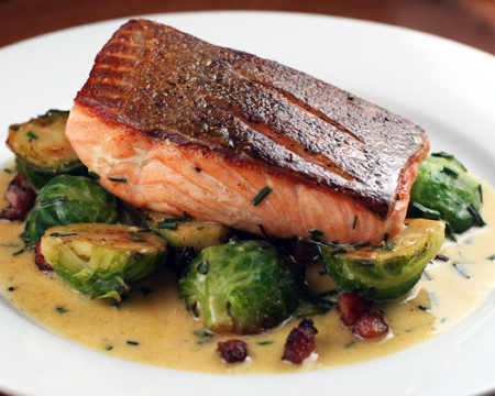 seared salmon with brussel sprouts and mustard sauce
