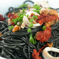 squid ink pasta with roasted tomatoes